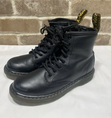 Dr Martens Pascal Black Leather Lace Up Combat Boots Side Zip 1460J Kids Size 2 - Image 1 of 4