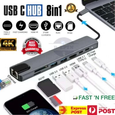 3/6/7/8 in 1 USB-C HUB Type-C Adapter MacBook/Windows Multi 3.0 4K HDMI Ethernet - Image 1 of 4