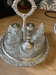Silver Plated Condiment Set On Revolving Tray. Vintage