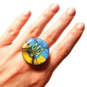 Blue and Yellow Ring Ukrainian Emblem Tryzub Trident Jewelry Ukrainian Flag - Picture 1 of 11