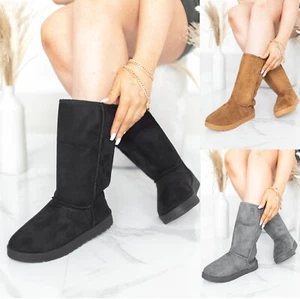 WOMENS WINTER WARM FAUX FUR LINED BOOTS LADIES COMFY CASUAL FLAT MID CALF SHOES - Picture 1 of 19