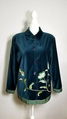 Chaqueta Jessica Holbrook Mujer M Verde Terciopelo Terciopelo Floral Bordado Boho Foto 1 de 4