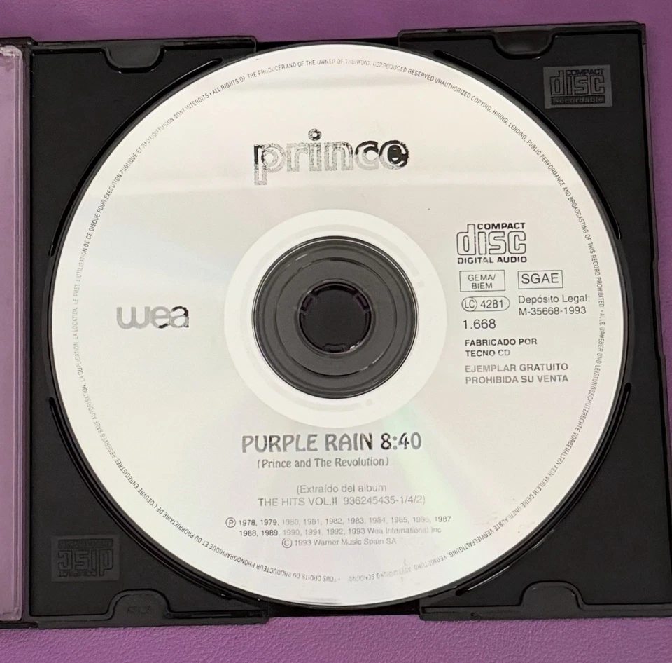 Prince & The Revolution Purple Rain 1993 Spainish Promo CD Single  - Image 1 of 1