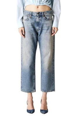 Jeans feminino R13 Boyfriend 27 jaspe cropped bigodes azul desbotado PF25 RRP699 - Imagem 1 de 4