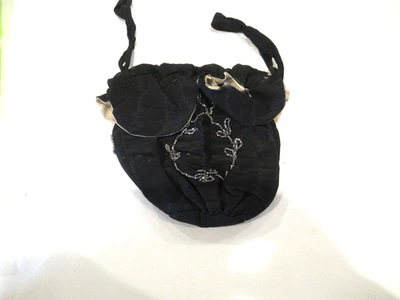 Antique black silk drawstring purse, white silk interior, silver beading - Image 1 of 4
