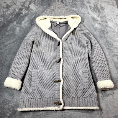 LL Bean Cardigan Womens Medium Gray Wool Blend Lined Sherpa Trim Cozy Coatigan - Image 1 of 4