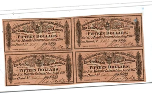 4 X $15 (CONFEDERATE BONDS)1800'S 4 X $15 (CONFEDERATE) RARE 4 X $15 CRISPY! - Picture 1 of 2