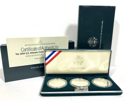 1994 P US Veterans BU Commemorative 90% Silver Dollars 3 US Coin OGP Set - Image 1 of 4