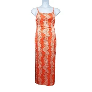 Beware Damen Maxikleid ärmellos orange weiß Hibiskus Seitenschlitz Slip Größe L - Bild 1 von 10