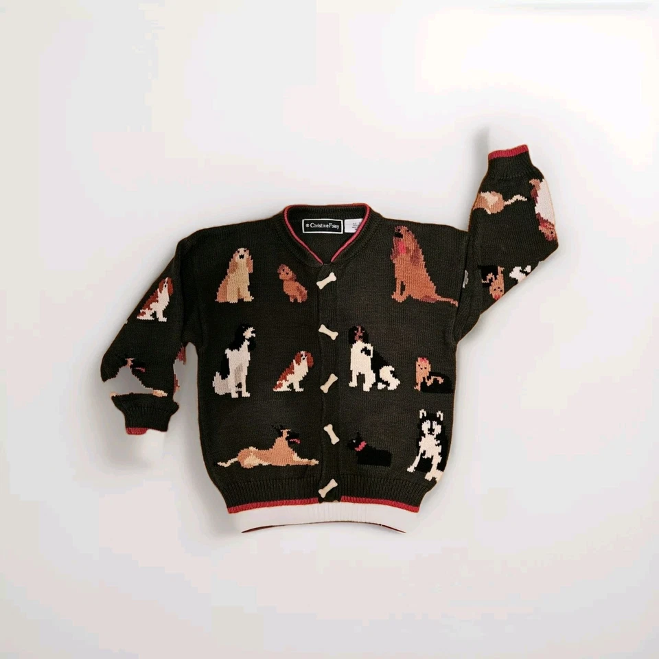 Christine Foley Childrens Dog Sweater Cardigan Bone Buttons 7/8 VGC Green Multi - Image 1 of 4