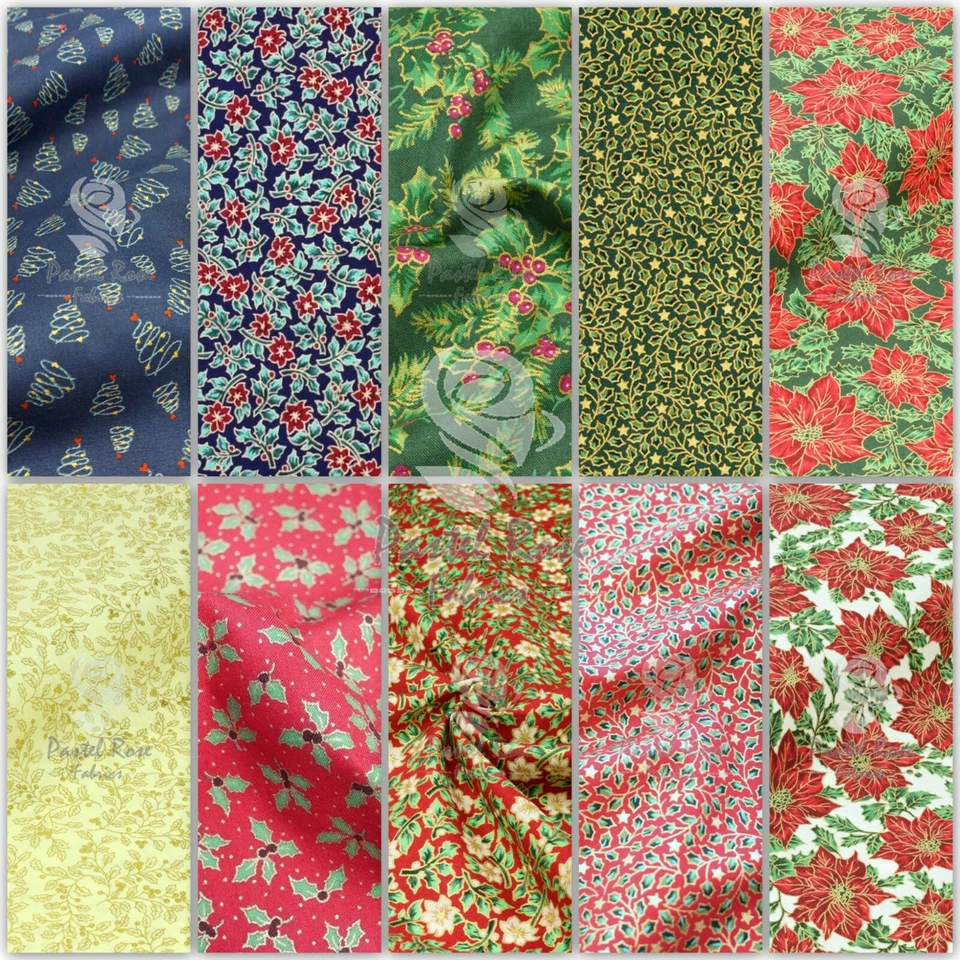 PASTEL ROSE FABRICS Festive Christmas Metallic Prints 100% Cotton Fabric gold - Exta wide fabrics