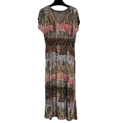Просто любовь Tiger полоски макси платье Sz XL V-образным вырезом S/S Павлин перо животных печати - Изображение 1 из 4