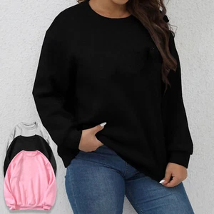 Women's Long Sleeve Sweatshirt Round Neck Solid Color Girls Pullover Hoodie Top - Picture 1 of 49