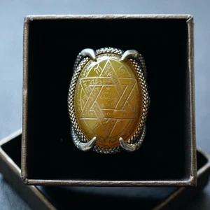 Ring Yellow Agate Seal of Solomon engraved Silver Handmade Signet Unique Jewelry - Picture 1 of 9