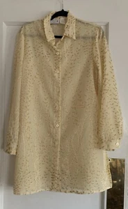 Vintage Scarlett Mini Shirt Dress 11/12 Button Up Cream Gold Leaves Retro Sheer - Picture 1 of 17