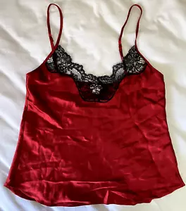 Christine Vancouver Women's Red Silk Black Lace Trim Pajama Top Sleepwear S / P - Picture 1 of 12