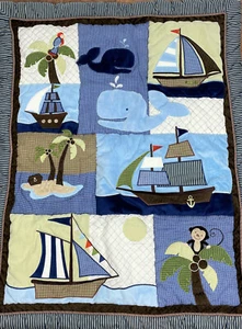 NoJo AHOY MATE Crib Bedding Blanket Pirate Ships Whales Boats Monkey 40"x32" - Picture 1 of 5