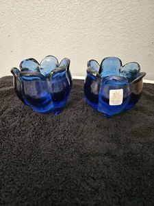 Vintage Design Guild Cobalt Blue Glass Tulip Lotus Candle Holders Set Of 2 - Picture 1 of 4