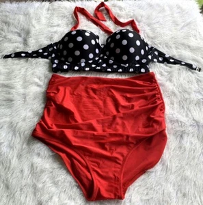 Amourri Vintage Polka Underwire High Waisted Swimwear, Black-red, Size Plus 3XL - Picture 1 of 3