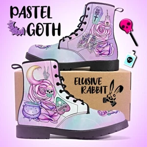 Pastel Goth Winter Gothic Boots Halloween Women Flat Shoe 3 4 5 6 7 8 Moon Purpl - Picture 1 of 12