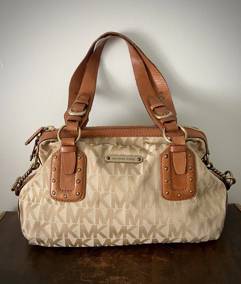 Vintage Michael Kors Hutton Cuero Monograma Doble Mango Foto 1 de 4