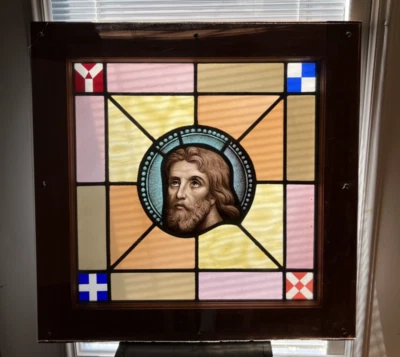 Antique Jesus Christ Stained Leaded Glass Window in Frame 20 1/2" x 20 1/2" - Image 1 of 4