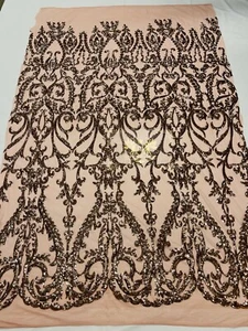 Damask Design Rose Sequin Fabric On Mesh 4Way Stretch Lace By The Yard - Picture 1 of 5