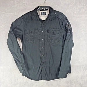 Fox Shirt Mens Medium Military Style Black Button Down Shoulder Patch Epilets - Picture 1 of 15