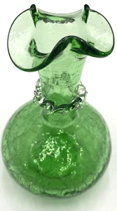 Vintage ('60s) Pilgrim Green Crackle Glass Vase, Ruffled Rim, w/Applied Rigaree - Picture 1 of 13