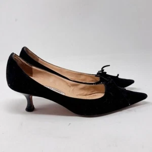 Zapatos de salón MANOLO BLAHNIK de gamuza negra con lazo de encaje de gatito - talla 36 - Imagen 1 de 12