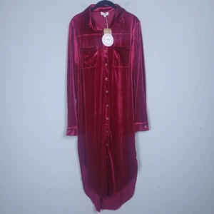 Umgee Womens Velvet Button Up Midi Shirt Dress Red Sz Large Long Sleeve Glam NWT - Picture 1 of 7