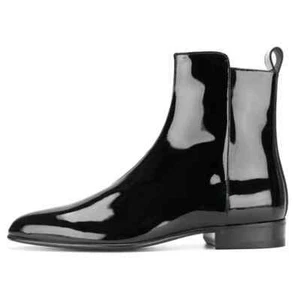 Handmade men black patent chelsea boots, zipper ankle office boots for mens - Picture 1 of 6