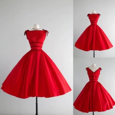 Vintage Satin Red Wedding Dresses Sleeveless Tea Length 50's A-Line Bridal Gowns - Image 1 of 4