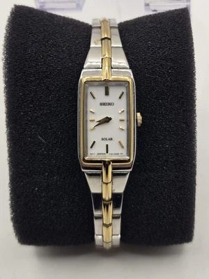 Seiko Solar Tank Ladies' 15mm Watch White Dial Two Tone V116-0Ah0. Runs Well. 6" - image 1 of 4