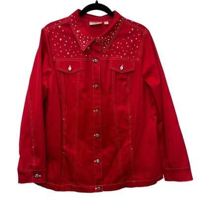 Quacker Factory Embellished Red Denim Jacket Stars Beads Rhinestones Size M - Image 1 of 4