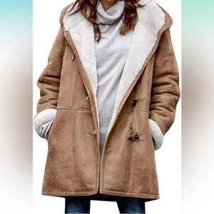 Women's Winter Warm Sherpa Lined Suede Leather Longline Coat with Horn Buttons L - Picture 1 of 1