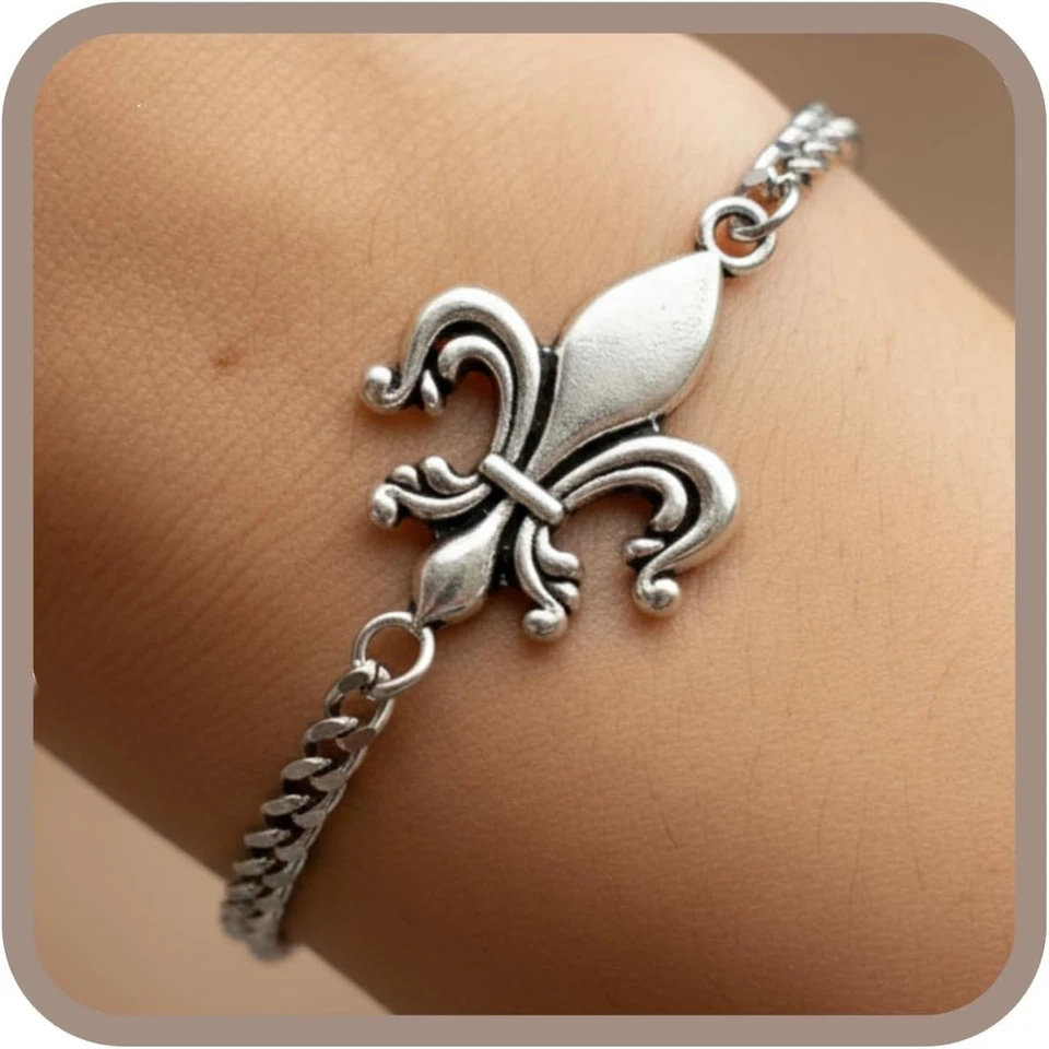 Stainless Steel Fleur de Lis Handmade Adjustable French Monarch Charm Bracelet - Image 1 of 4