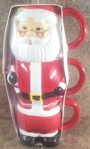 MR CHRISTMAS 3 Pk Stackable Santa 12 oz Coffee Mug Set Ceramic Hand Painted Set - Picture 1 of 9