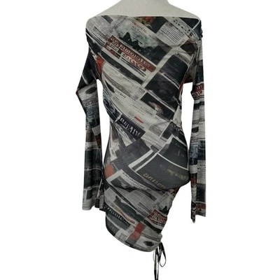 Mini Vestido Transparente Estampado Periódico Manga Larga para Mujer Y2K Bodycon Grunge Talla Pequeña Foto 1 de 4