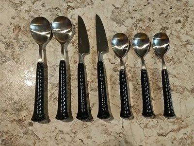 RARE! Vintage NORITAKE Japan Black Porcelain Handle 7 Piece 18-8 Silverware Set - Image 1 of 4