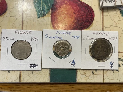 France Lot of 3 coins, 2 Francs 1925, 5 centimes 1918, 25 centimes 1903, Circ - Image 1 of 4