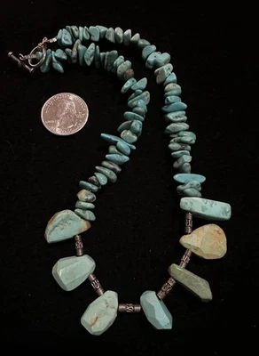 Blue Turquoise Beaded Pendant Sterling Necklace Artisan Modernist 16” Native - Image 1 of 4