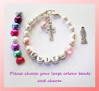 GIRLS BABY PERSONALISED CHRISTENING COMMUNION BRACELET BEADED CHOICE OF CHARMS