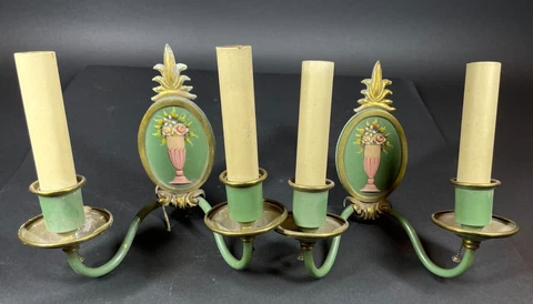 1920s Pair of Green Metal 2-Arm Wall Scones w Floral Cachepot Motif Electrified Cover