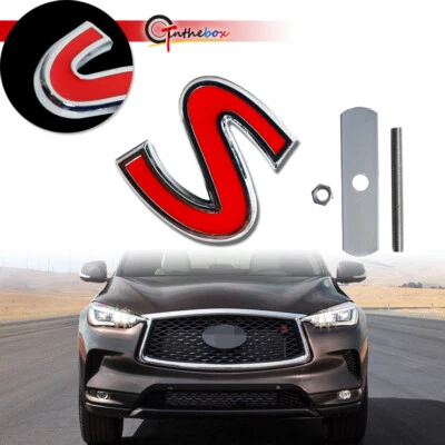 Insignia de parrilla frontal 3D de metal rojo S decoración con perno de montaje para Infiniti Q50 Q60 Q70 Foto 1 de 4