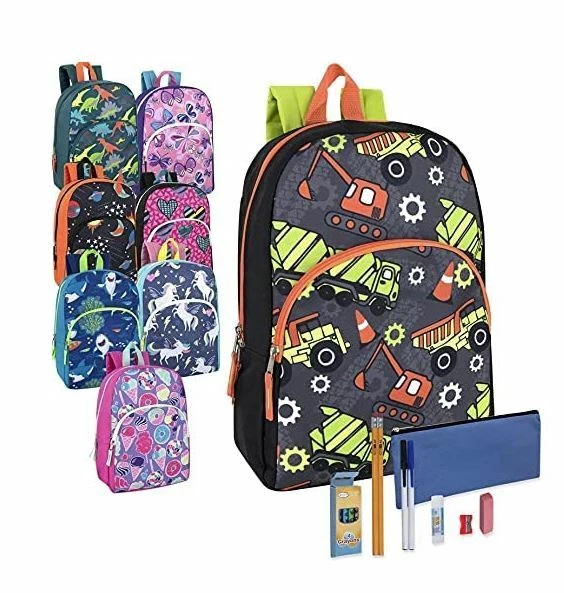 Оптовая упаковка из 24 рюкзаков 15 дюймов со школьными принадлежностями для мальчиков и девочек - Изображение 1 из 1