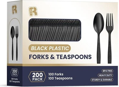 200 Count Black Plastic Silverware Heavy Duty - Black Plastic Forks And Spoons - Image 1 of 4