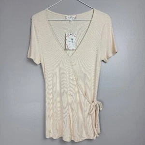 PINK ROSE Womens Juniors Ribbed Side Wrap Tie Tee Top Vneck Short Sleeve Blouse  - Picture 1 of 12