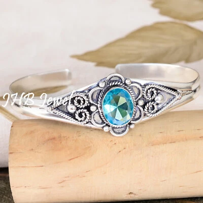 London Blue Topaz Gemstone 925 Sterling Silver Bangle Cuff For Celebration Wear Foto 1 de 4