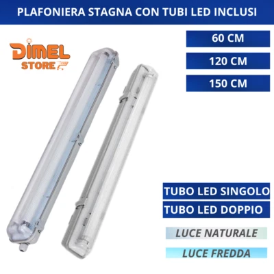 PLAFONIERA STAGNA completa DI NEON LED TUBO T8 60-120-150 CM 220V SOFFITTO IP65 - Immagine 1 di 4